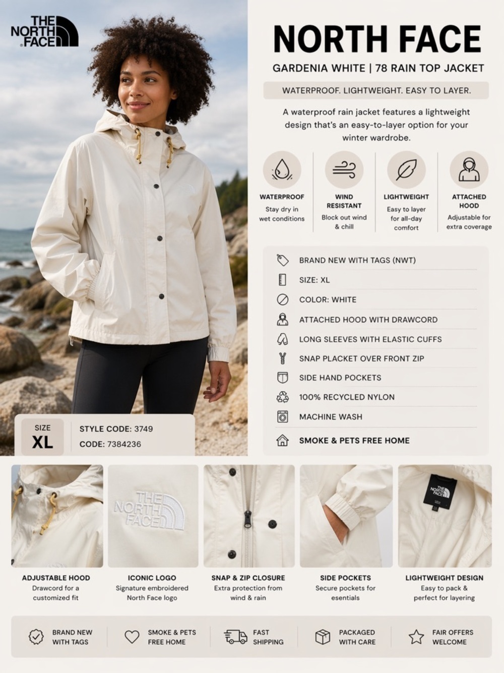THE NORTH FACE Gardenia White 78 Rain Top Jacket NWT XL Waterproof Hooded Coat - Picture 1 of 7